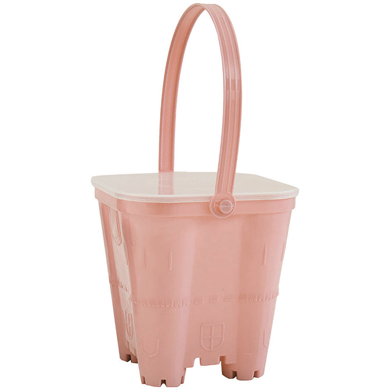 Matching pink plastic castle sand bucket with a handle. Comes packed with our Kids Poncho Pal.