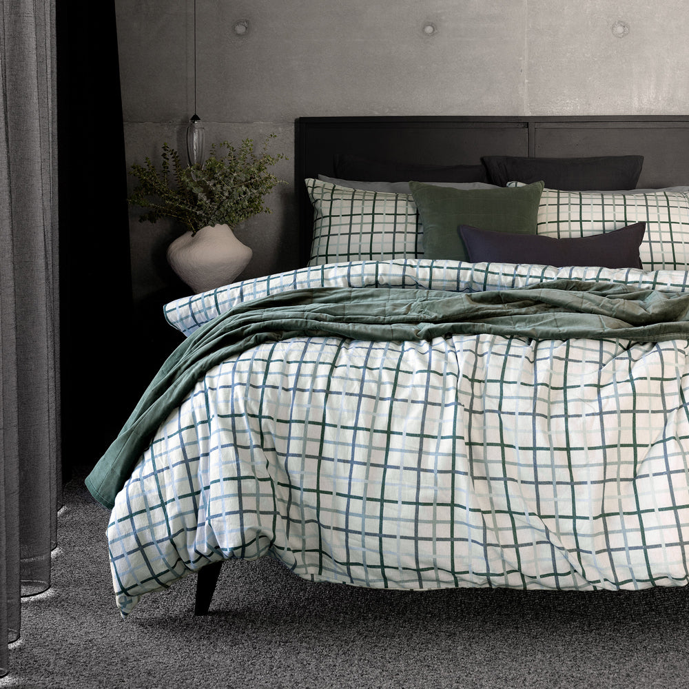 Bambury's Campbell Checkered Flannelette Quilt Cover Set & Nuno decorative throw and cushion in a Eucalyptus green