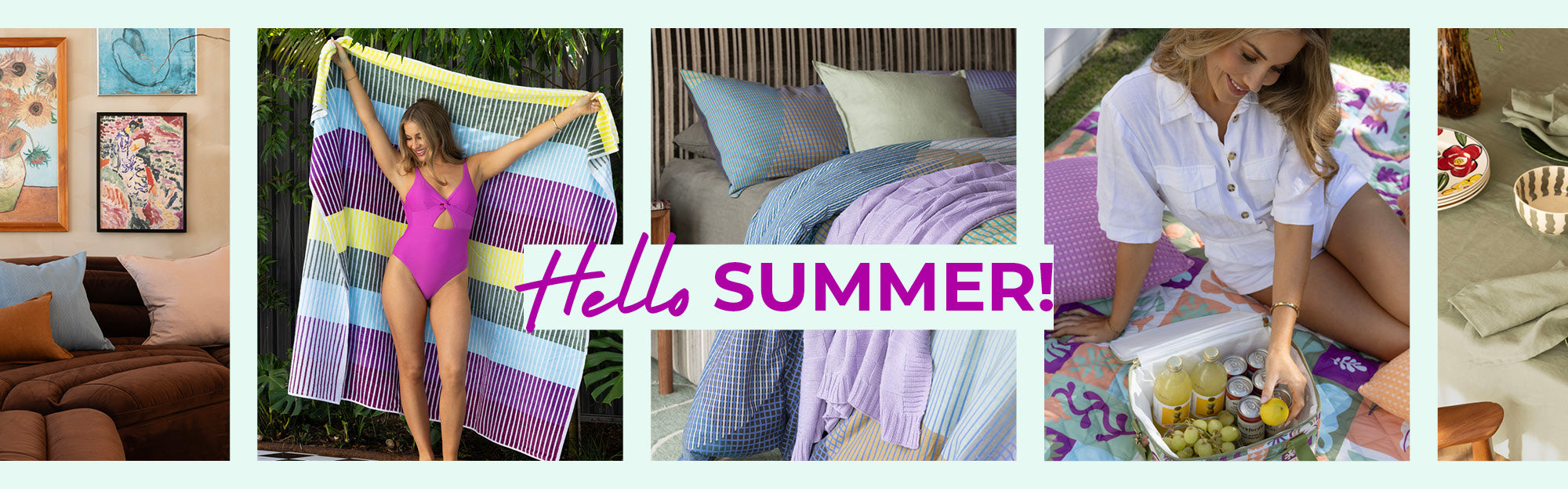 Bambury's New Summer 2025 collection banner image with 'Hello Summer!' text, featuring a woman with a striped beach towel, a picnic scene, and a cosy living room.