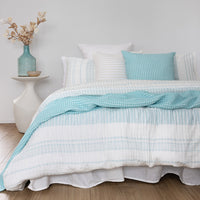 Bambury's Sawyer white quilt cover set & Dora light blue throw & cushion, contemporary styled bed in white & light blue