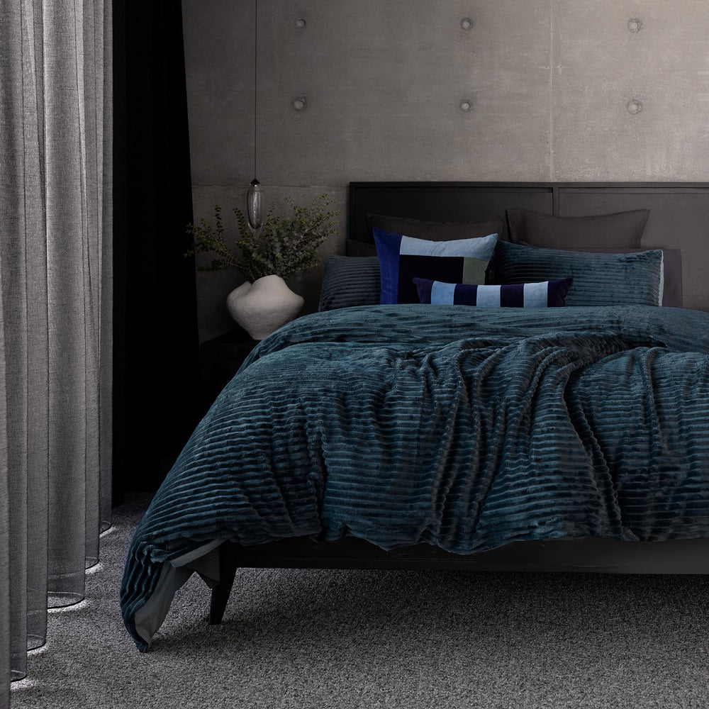 Bambury's Winter 2025 range - Channel plush quilt cover set in Petrol blue with throw pillows