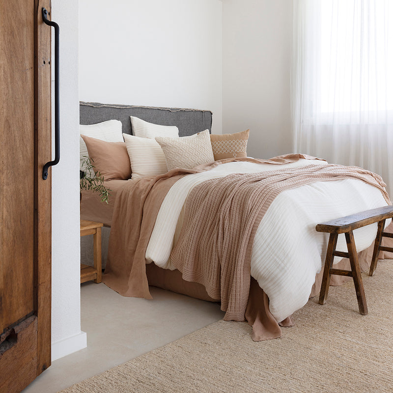 Bambury quality bed linen, contemporary styled bedroom in neutrals and white