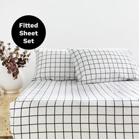 Grid Black Flannelette Fitted Sheet Set