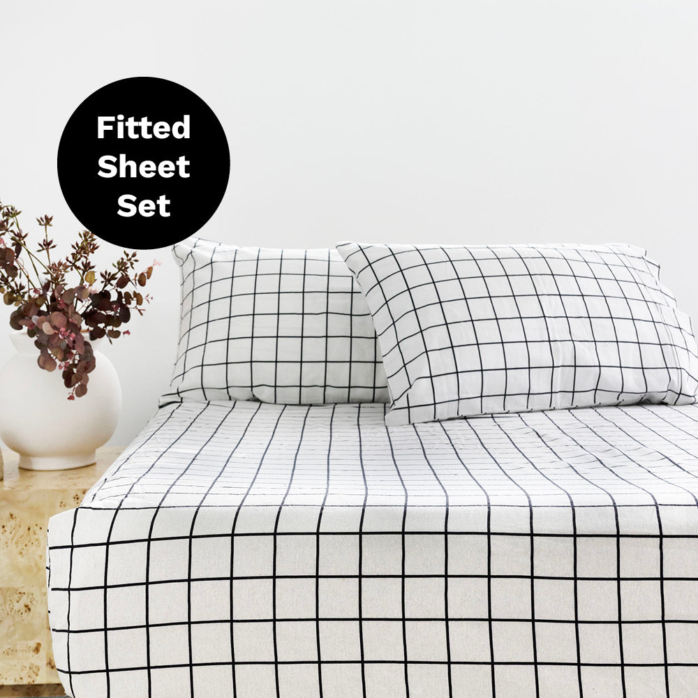 Grid Black Flannelette Fitted Sheet Set