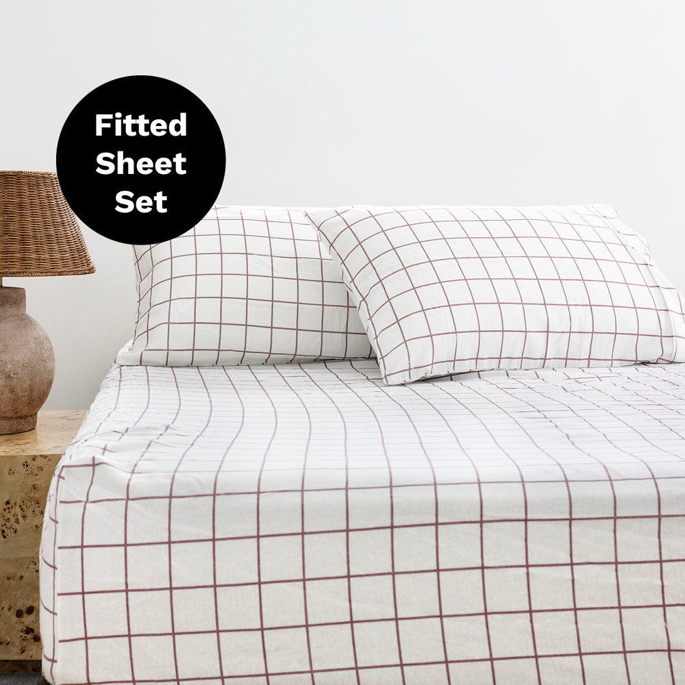 Grid Boysenberry Flannelette Fitted Sheet Set