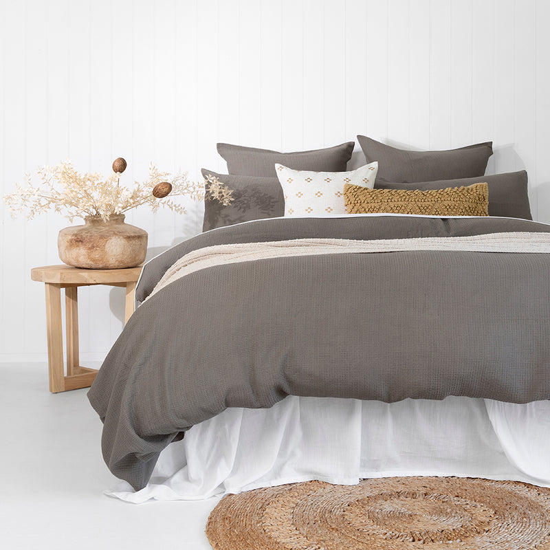 Bambury's Boyd grey jacquard woven cotton quilt cover set with neutral throw blanket and decor cushions