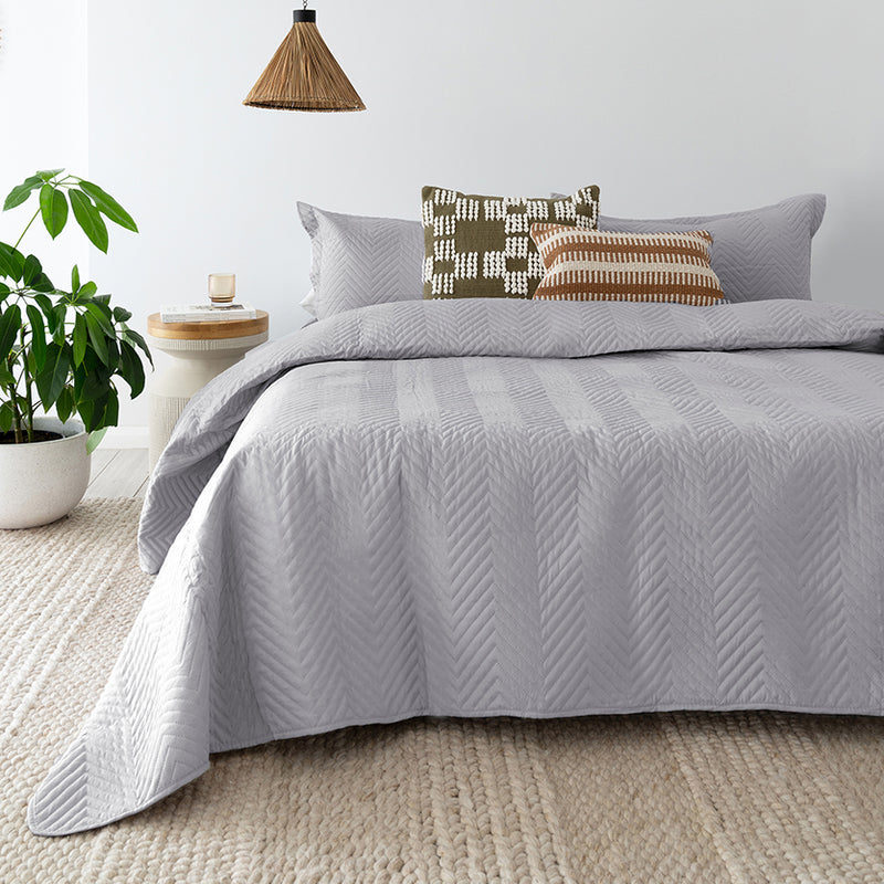 Bambury's Herringbone silver grey embossed coverlet set with stylish throw pillows