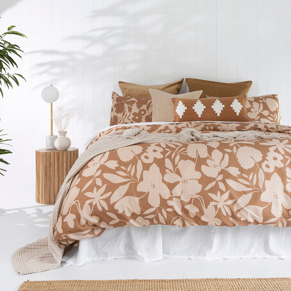 Bambury's Muir floral patterned cotton quilt cover set with neutral throw blanket and decor cushions